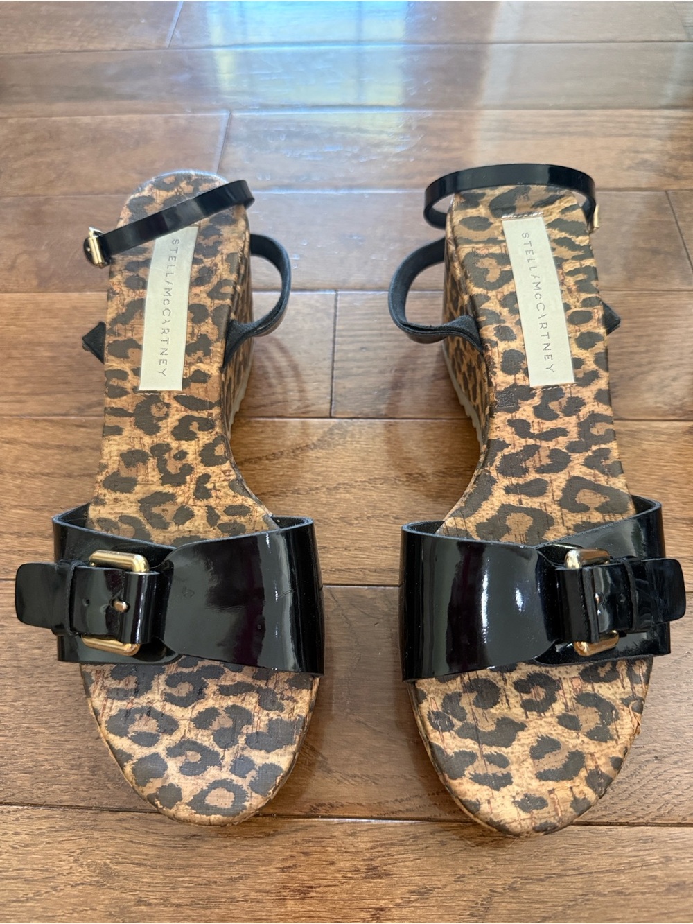 Stella McCartney Black Patent Ankle-Strap Leopard Cork Wedges